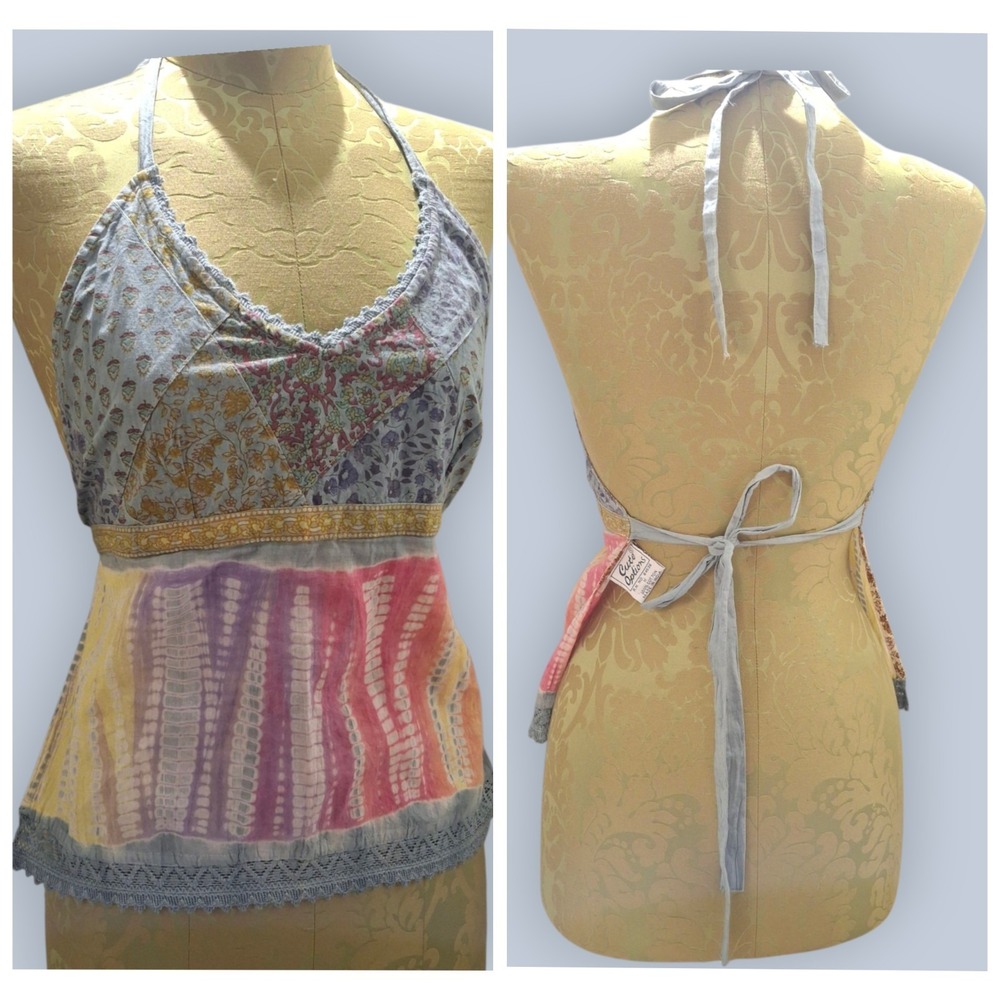 Y2K Vintage Cute Options Boho Hippie Gypsy Cotton Patchwork Tie Dye Halter Top M